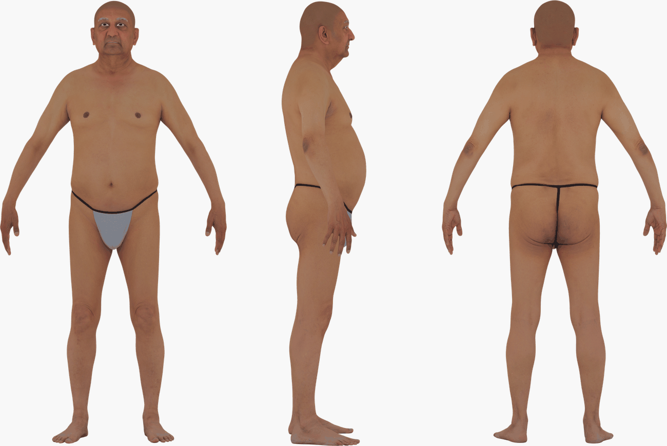 PBR texture map set for an older male 3D body scan including Albedo, Normals, Specular, Metalness, and Diffuse maps